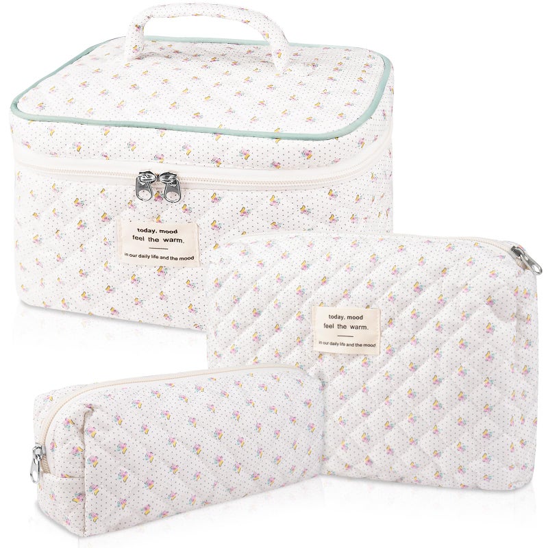 Gosect Quilted Makeup Bag Large Floral Cosmetic Bag for Women Cute Cotton Makeup Bag Flower Travel Toiletry Organizer Bag Flower